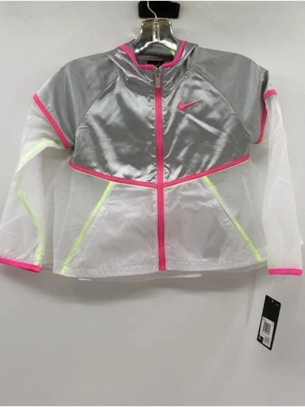 Nike Girls Silver Jacket with Pink & Neon Accents - Picture 1 of 6